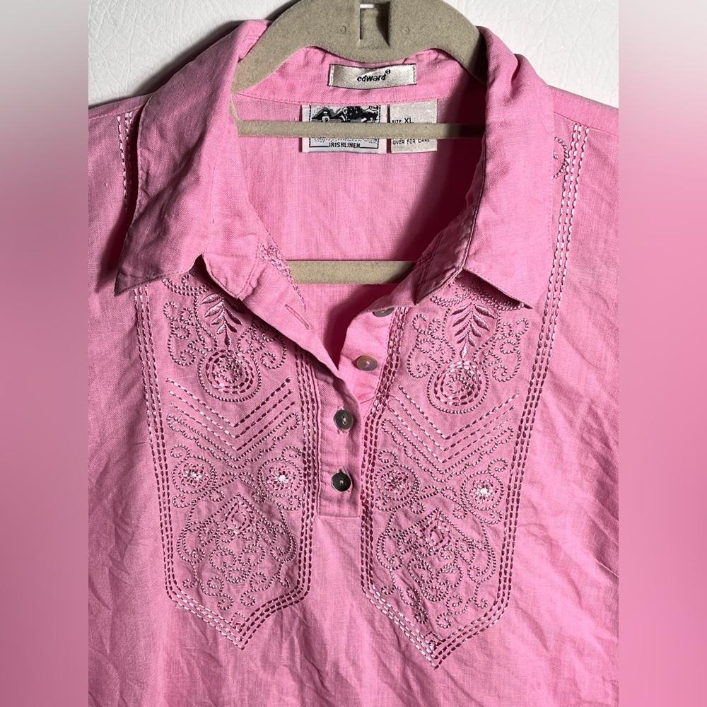 Edward Irish Linen Pink Embroidered Women's Top XL - Picture 2 of 8